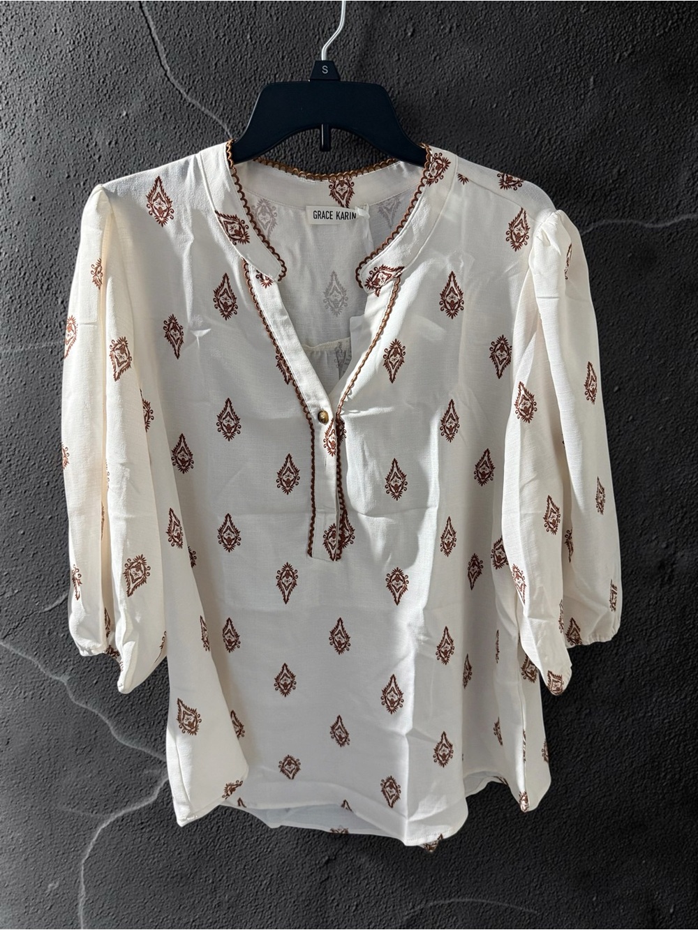 Grace Karin Cream Blouse with Brown Geometric Print